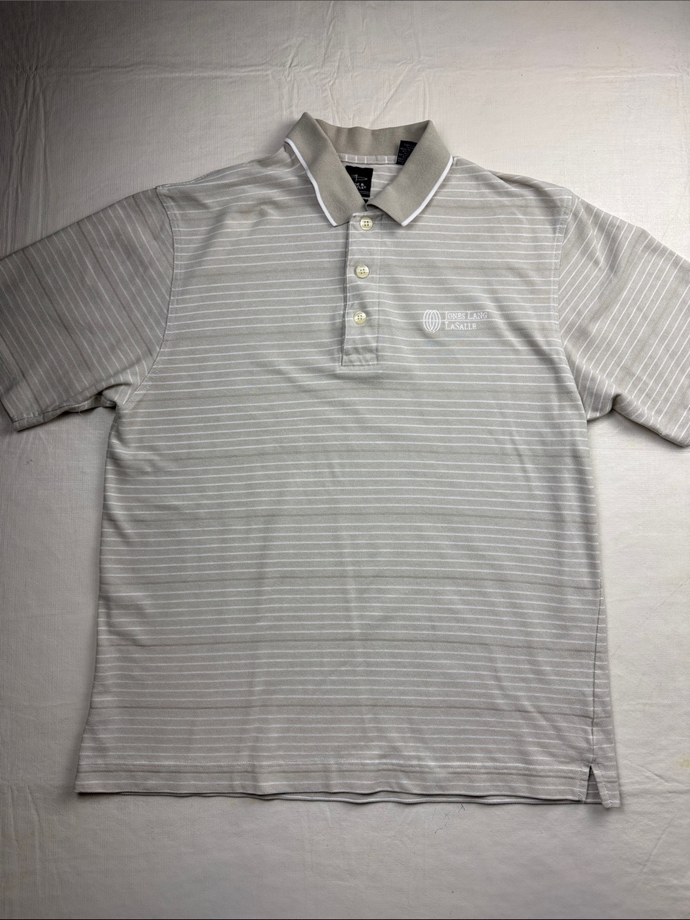Page & Tuttle Men’s Light Gray White Striped Polo Jones Lang Lasalle Size L